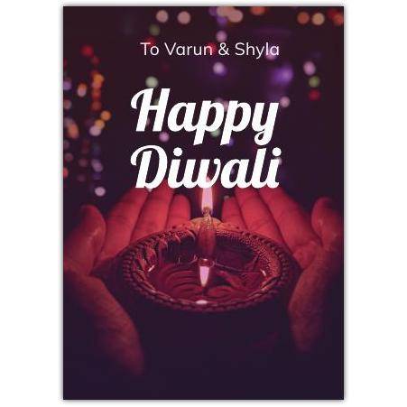 Personalised Happy Diwali Card with Hands Holding Traditional Diya Lamp Design