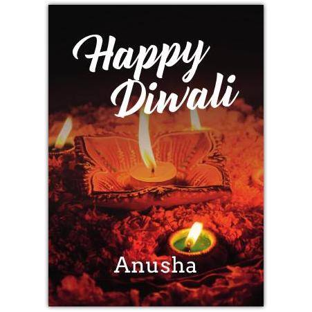 Personalised Happy Diwali Candle Flame Greeting Card with Traditional Diva Lamps