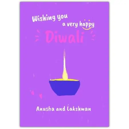 Personalised Purple Diya Lamp Diwali Greeting Card with Custom Name Option