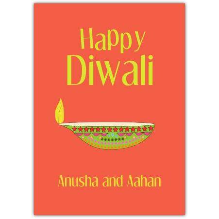 Personalised Happy Diwali Card Orange Lamp Festival of Lights Celebration Greeting Card