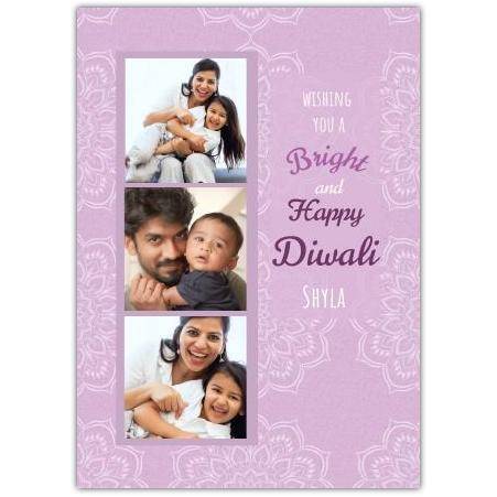 Personalised Purple Diwali Festival Family Photo Greeting Card with Custom Message