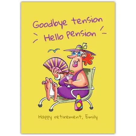 Retirement Greeting Card Funny Woman Relaxing with Cocktail and Personalised Text Option