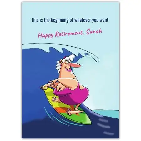 Happy Retirement Woman Surfing Fun Personalised Greeting Card