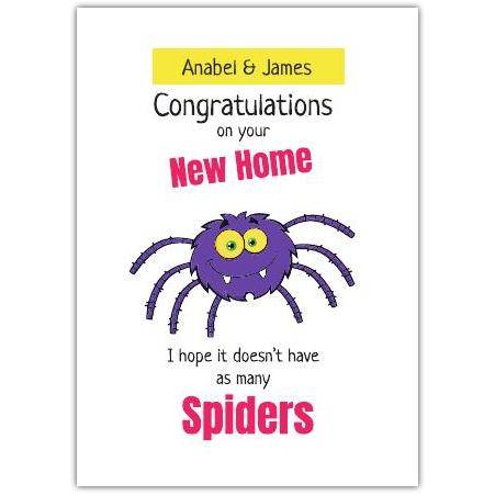 Personalised New Home Congratulations Card with Funny Purple Spider Design