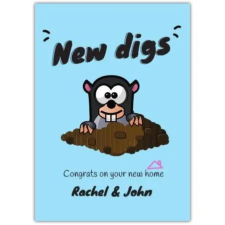 New Home Congratulations Card Blue Mole New Digs Personalised Housewarming Greeting Card