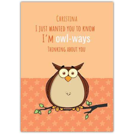 Personalised Thinking of You Card with Cute Owl on Branch Design