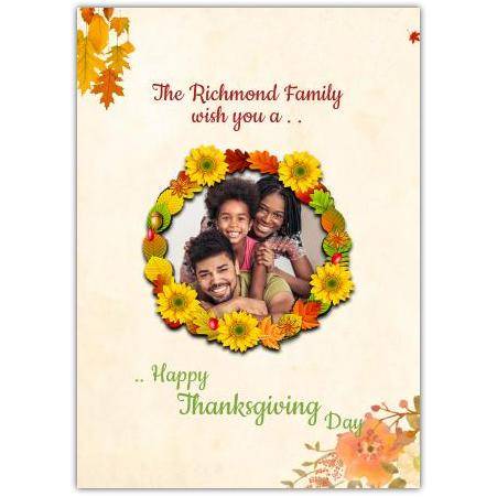 Personalised Happy Thanksgiving Family Photo Wreath Autumn Leaves Greeting Card