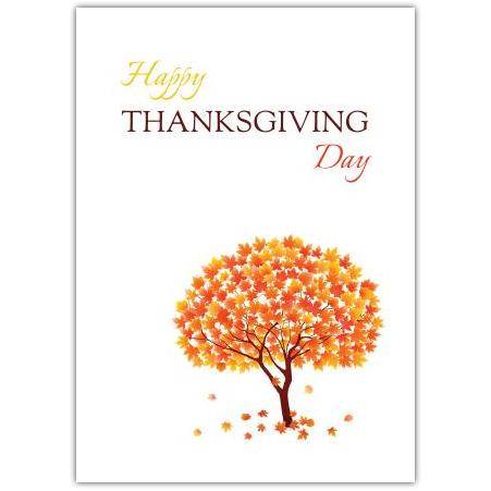 Happy Thanksgiving Day Autumn Tree Greeting Card with Falling Leaves Design