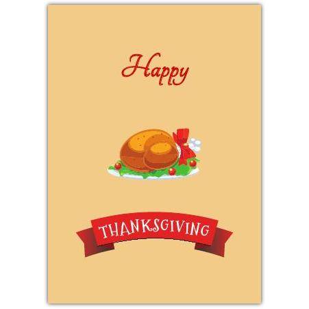 Happy Thanksgiving Card with Roast Turkey Cartoon Design