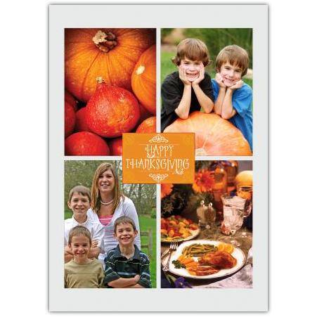 Personalised Four Photo Thanksgiving Card with Pumpkin and Festive Dinner Design