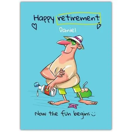 Personalised Retirement Card for Man Blue Sun Beach Fun Occasion
