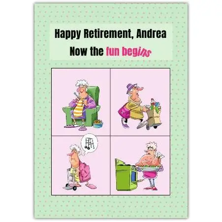 Funny Retirement Card for Woman Personalised Dots Design Green Background