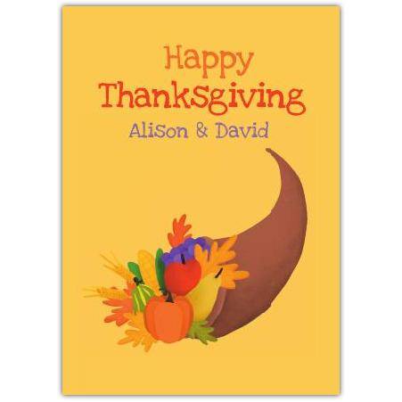 Personalised Happy Thanksgiving Card with Harvest Cornucopia Design for Fall Celebration