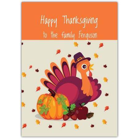 Personalised Happy Thanksgiving Turkey and Pumpkin Family Greeting Card