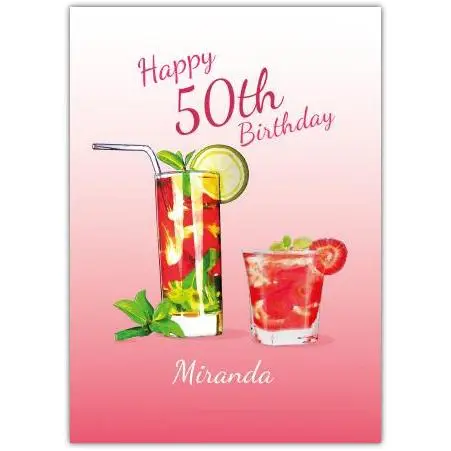 Personalised Happy 50th Birthday Card with Red Cocktail Illustration