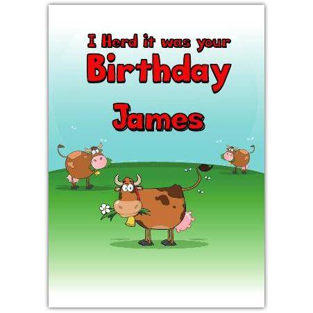 Personalised Herd It Was Your Birthday Card with Cartoon Cows and Green Sky Background