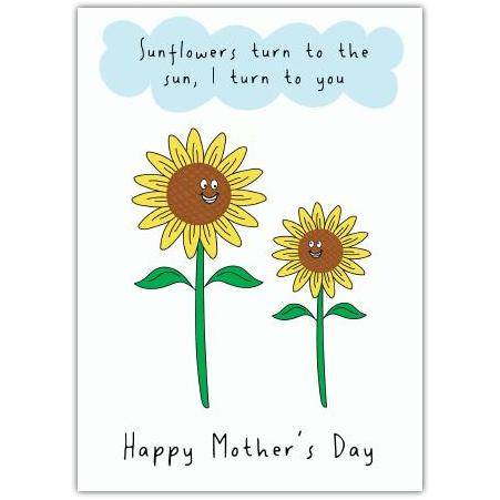 Happy Mothers Day Sunflower Card with Cute Illustration and Loving Message