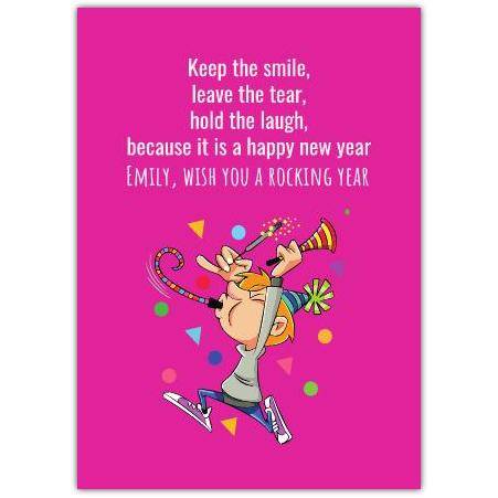 Personalised Happy New Year Boy Poem Greeting Card with Party Design in Pink