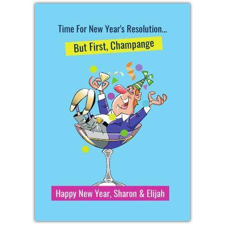 Personalised Humorous New Year Champagne Celebration Card with Custom Name Option