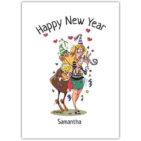 Personalised Happy New Year Party Cartoon Couple New Year Celebration Card