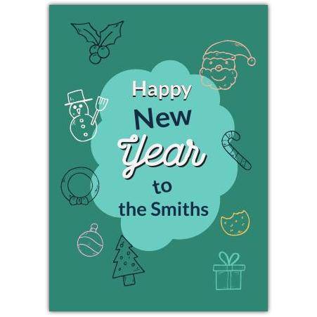 Personalised Happy New Year Card with Festive Christmas Icons and Family Name Option