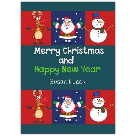 Personalised Merry Christmas and Happy New Year Card with Santa Reindeer and Snowman Design