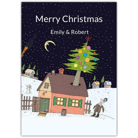 Personalised Merry Christmas Snowy Cottage Scene Greeting Card with Christmas Tree