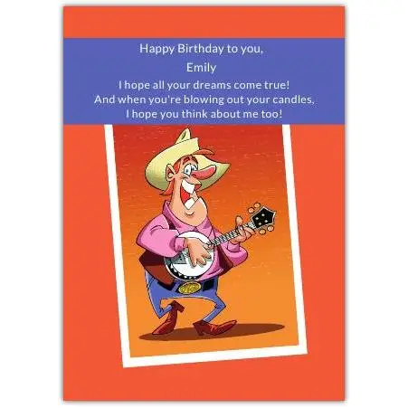 Country Style Birthday Card for Her with Guitar Playing Cowboy Design