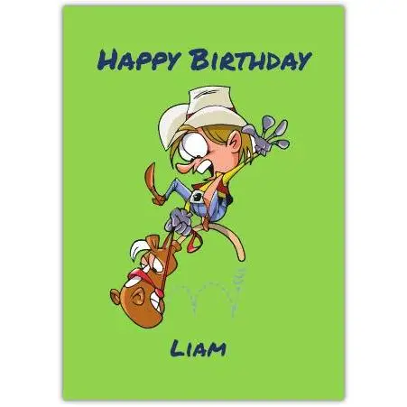 Personalised Funny Cowboy and Horse Birthday Card for Kids on Green Background