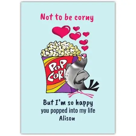 Punny Popcorn and Pigeon Valentines Day Greeting Card with Personalised Text