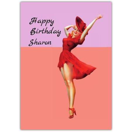 Retro Red Dress Pin Up Girl Personalised Birthday Greeting Card