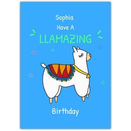 Personalised Llamazing Birthday Card with Llama Pun on Blue Background