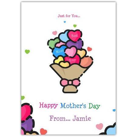 Personalised Mothers Day Heart Bouquet Greeting Card with Colourful Hearts Design