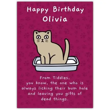Personalised Humorous Happy Birthday Card From The Cat With Custom Name
