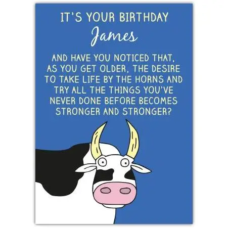 Personalised Funny Bull Taking Life by the Horns Birthday Card