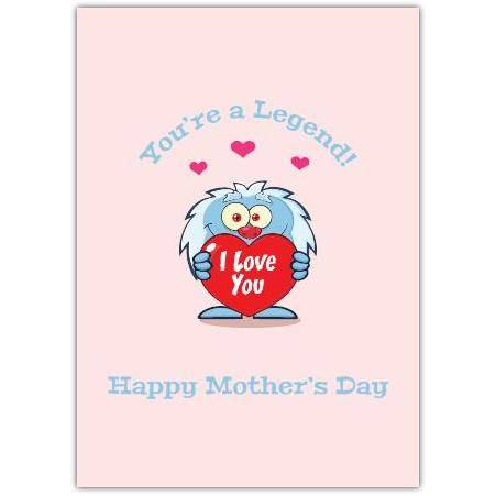 Cute Mother's Day Card Featuring Funny Yeti Holding Heart I Love You Legend Design