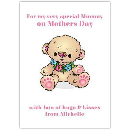 Personalised Mothers Day Card with Cute Teddy Bear and Flowers for Mummy