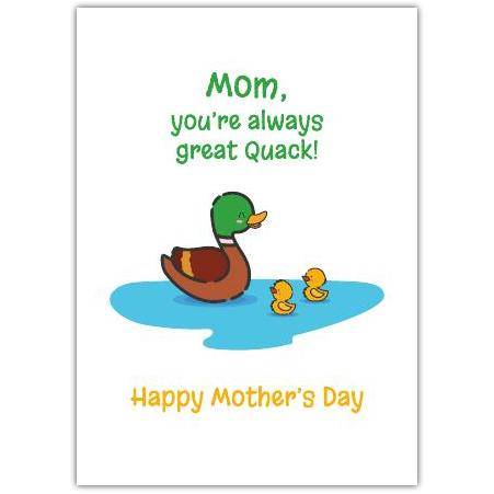 Funny Mothers Day Card with Cartoon Duck and Ducklings Quack Mom Humour