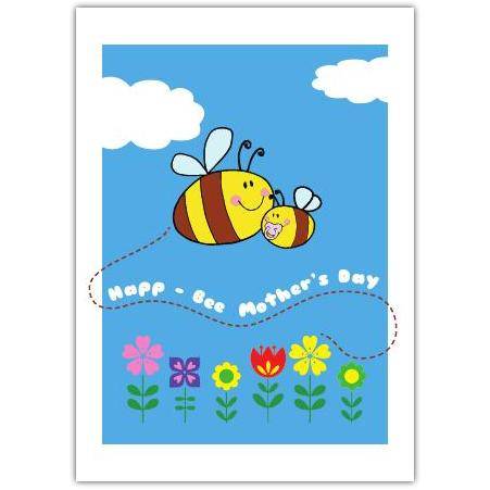 Happy Bee Mothers Day Greeting Card with Cute Bee and Baby Design