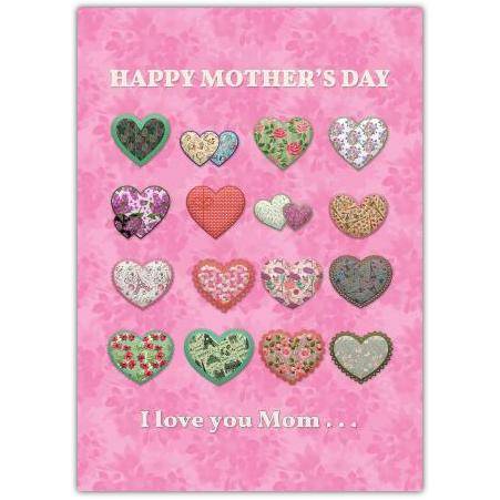 Mothers Day Patchwork Hearts I Love You Mum Greeting Card Pink Design