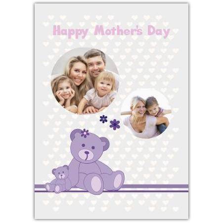 Personalised Mothers Day Photo Card with Purple Teddy and Bubbles Design