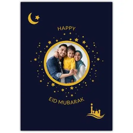 Personalised Eid Mubarak Greeting Card with Gold Moon Stars and Photo Upload Option