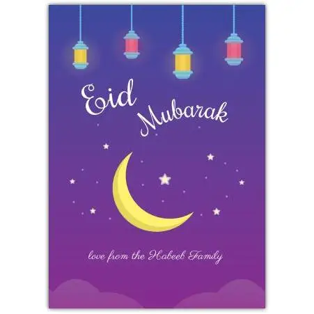 Personalised Eid Mubarak Greeting Card with Hanging Lanterns Crescent Moon and Stars Design