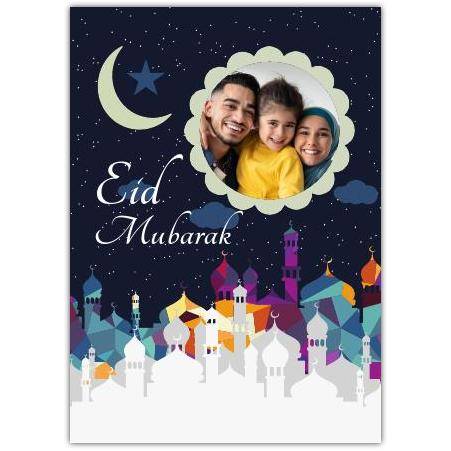 Personalised Eid Mubarak Greeting Card with Mosque Skyline and Custom Photo Upload