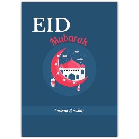 Eid Mubarak Greeting Card with Red Crescent Moon Mosque and Lanterns Personalised Option
