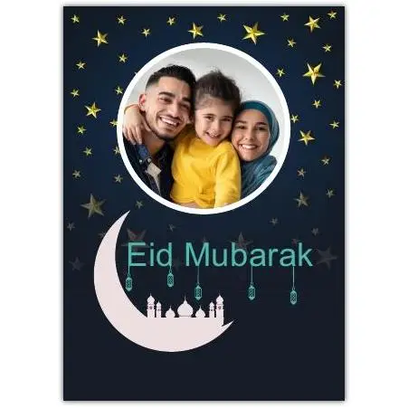 Personalised Eid Mubarak Photo Upload Greeting Card with Gold Stars and Crescent Moon Design