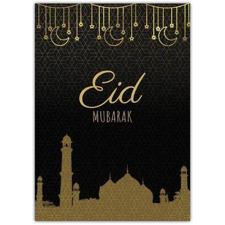 Eid Mubarak Greeting Card with Gold Mosque Silhouette and Crescent Moon Design