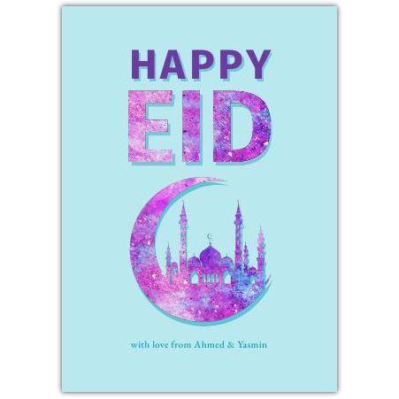 Happy Eid Greeting Card with Purple Crescent Moon and Mosque Design