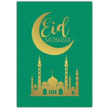 Eid Mubarak Gold Crescent Moon and Mosque Festival Greeting Card