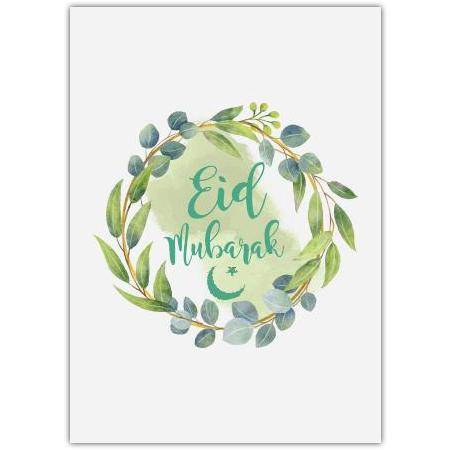 Eid Mubarak Greeting Card with Green Leaves Wreath Design for Religious Celebration